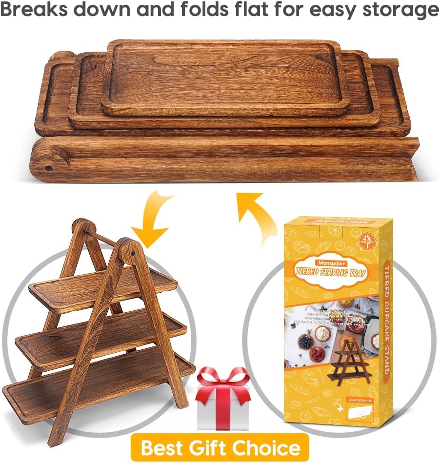 Detalle de Manspdier Wood 3-Tier Serving Tray: Rustic Rectangular Wooden Cake Stand for Parties