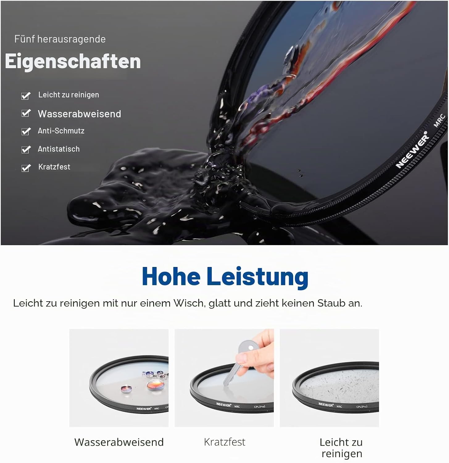 Detalle de NEEWER 67mm CPL-Polfilter mit 30-lagiger Polarisationsfolie – Ultra dünn, Reflexion reduziert, HD-Glas