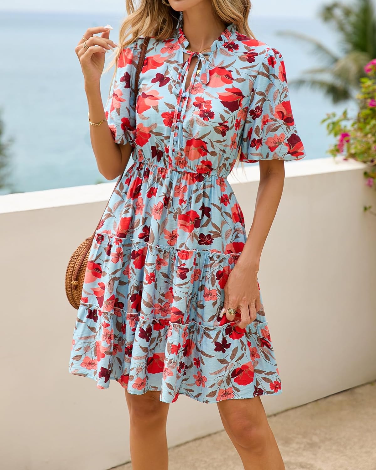 Thumbnail 3 de BTFBM Women Summer Floral Short Dresses: V-Neck A-Line Boho Mini for Warm-W weather
