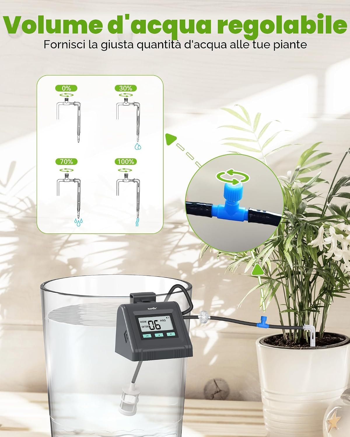 Detalle de RAINPOINT Sistema di irrigazione automatica a goccia per vasi (fino a 10), portata regolabile e kit fai-da-te