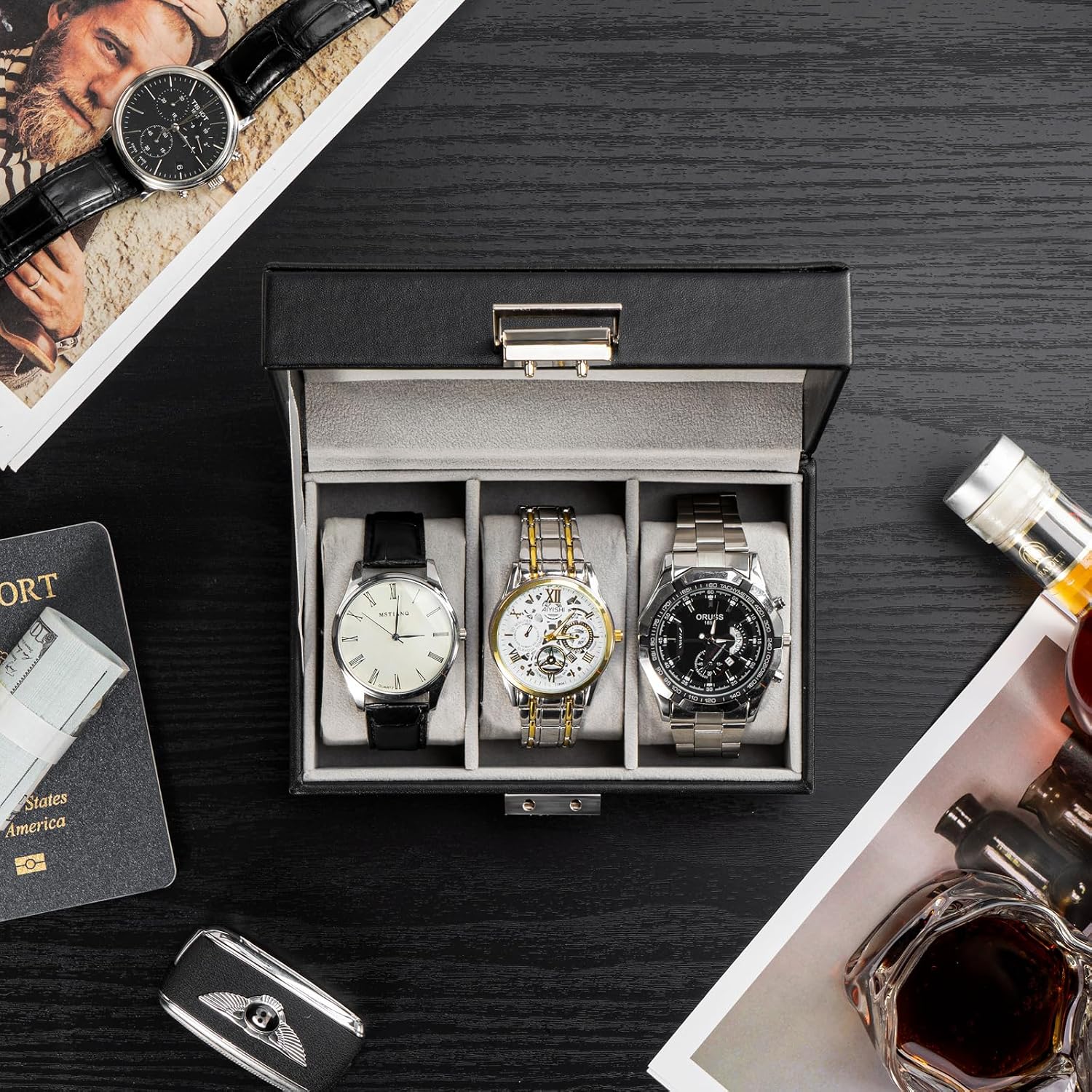 Thumbnail 1 de ProCase caja para 3 relojes con tapa de cristal y cojín extraíble (negro)