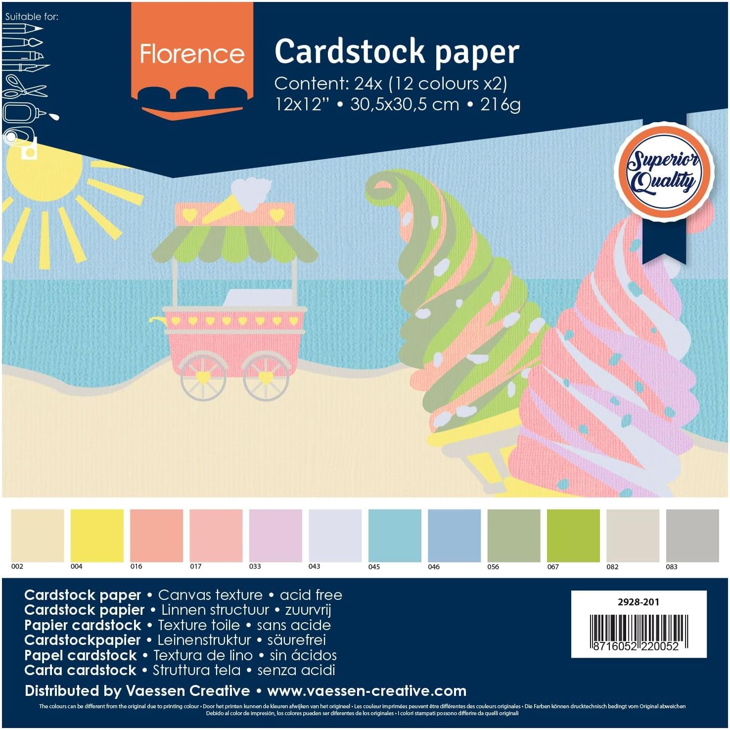 Detalle de Florence Papier Cartonné Rugueux 30,5 x 30,5 cm — 24 feuilles, 216 g/m², pastel, Vaessen Creative