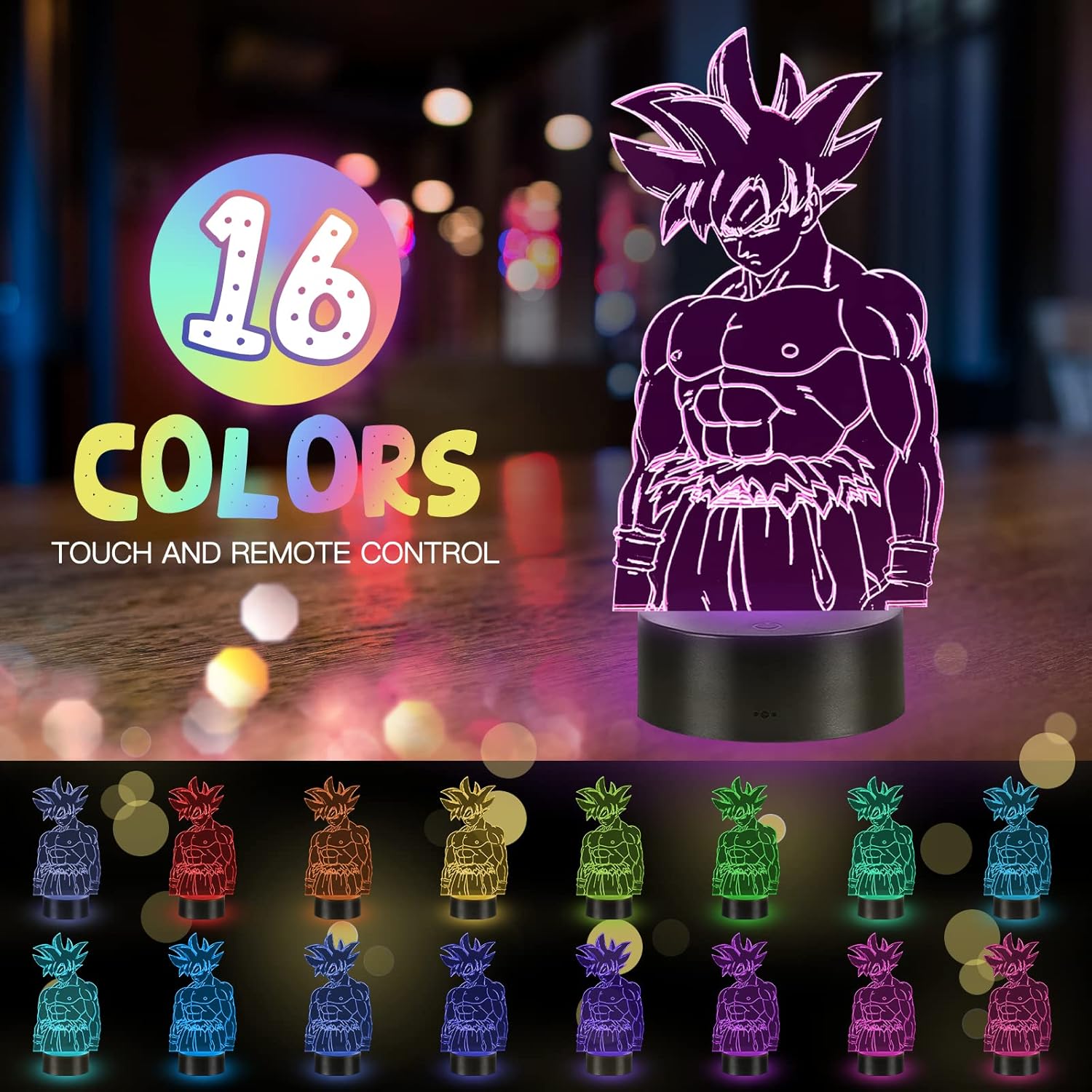 Detalle de Eygerur Goku 3D LED Night Light with Remote & Touch — 7 Colours + 16 Colour Change, USB/Battery Powered