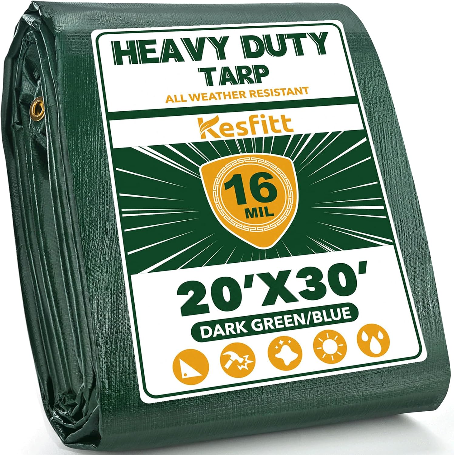 Detalle de Kesfitt 16 Mil Heavy Duty Waterproof Tarp (20x30 ft) – Dark Green & Blue Reversible Poly Tarp with Metal Grommets