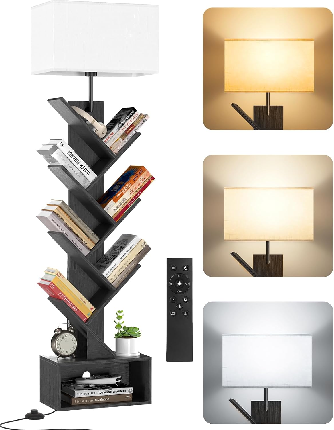 Detalle de OUTONLIFE Libreria a forma di albero in legno con luci e 6 ripiani autoportante nero, con telecomando
