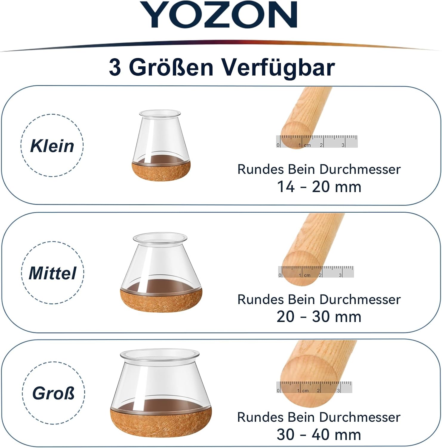 Thumbnail 2 de YOZON 20 Stück Stuhlbeinkappen aus transparentem Silikon mit umwickeltem Filz (Durchmesser 20–30 mm)