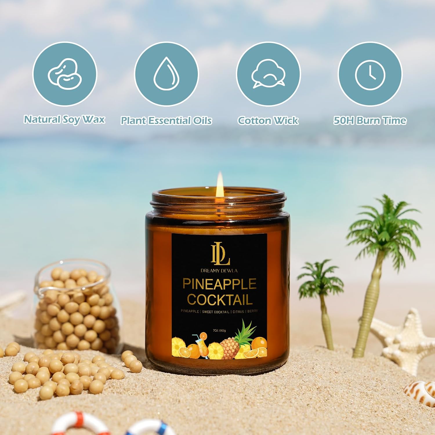 Detalle de DL DREAMY DEWLA Pineapple Cocktail Soy Candle, 7 oz, 50-Hour Burn