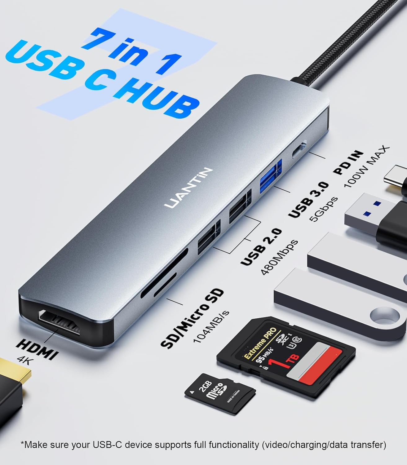 Detalle de UANTIN USB C Hub 7-in-1 with 100W PD