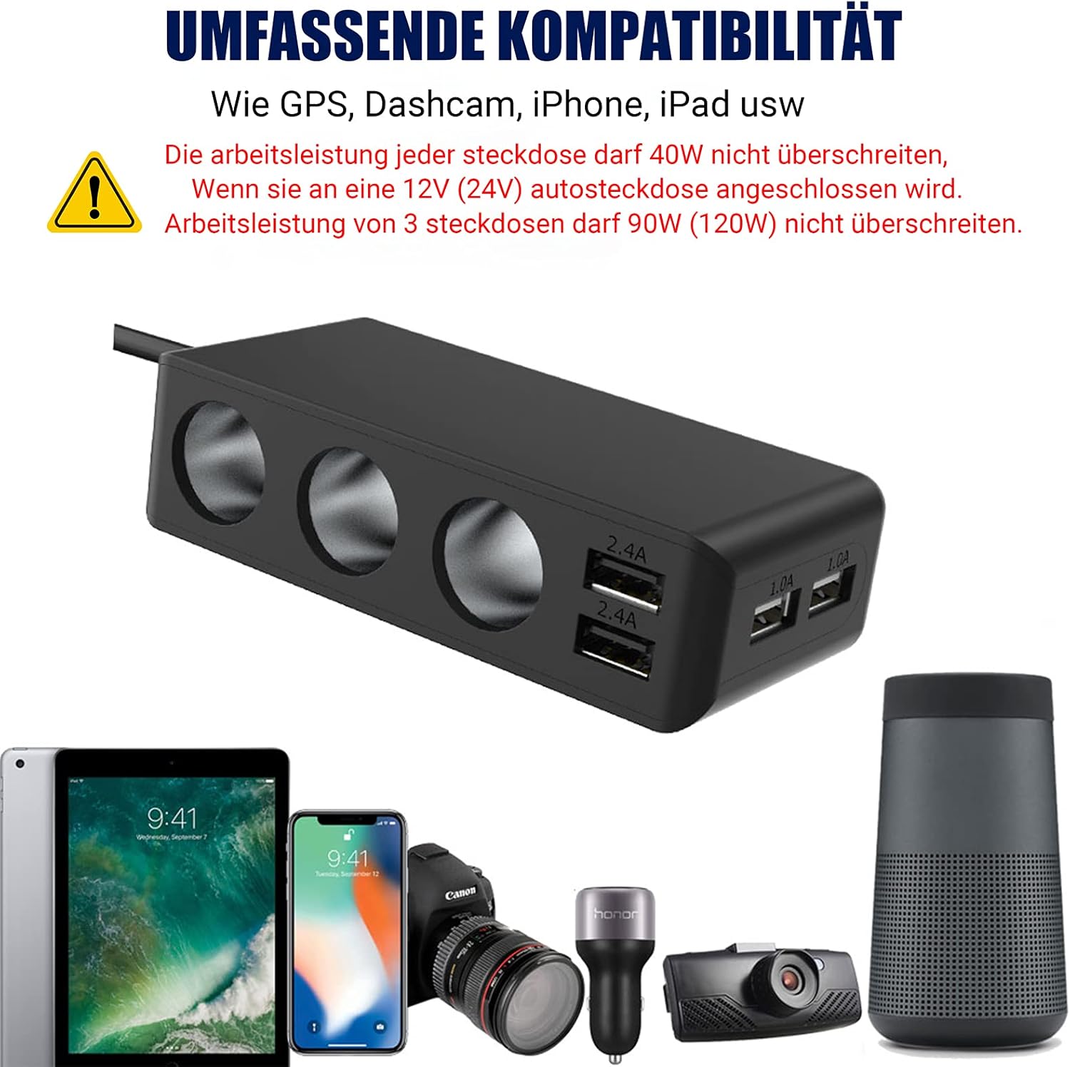 Thumbnail 2 de Qidoe Zigarettenanzünder Verteiler Auto Adapter 12V/24V (120W) mit 4× USB, LED-Voltmeter & Schalter