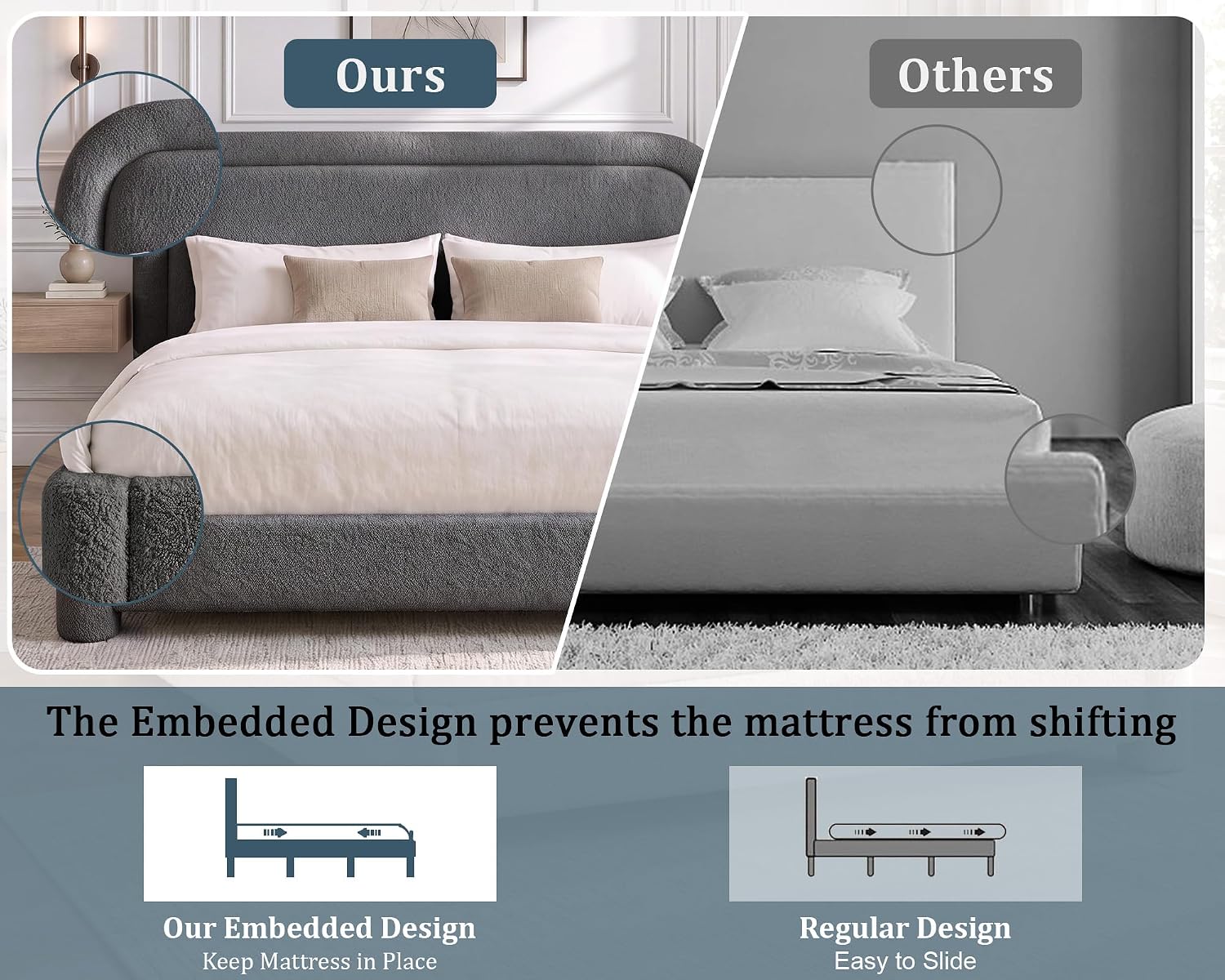 Detalle de Dyonery CA-BD23-DG-K King Boucle Bed Frame, Adjustable Headboard, Grey