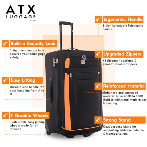 Detalle de ATX Luggage Large Expandable Soft Shell Suitcase (120L, 77x49x30 cm) with 3-Digit Lock and 2 Wheels