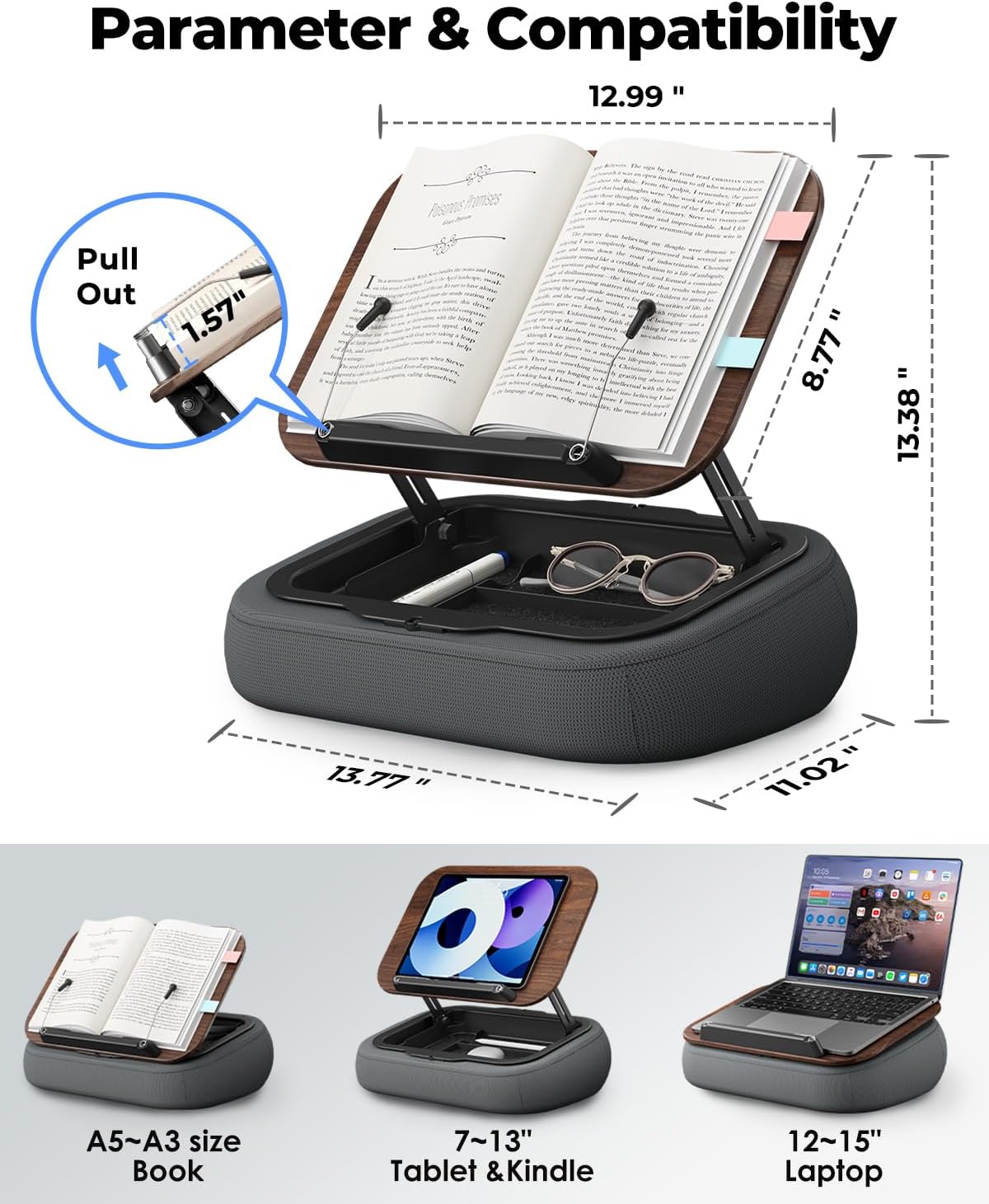 Detalle de Viozon Lap Book Pillow Stand with Storage, Adjustable Dark Wood Panel