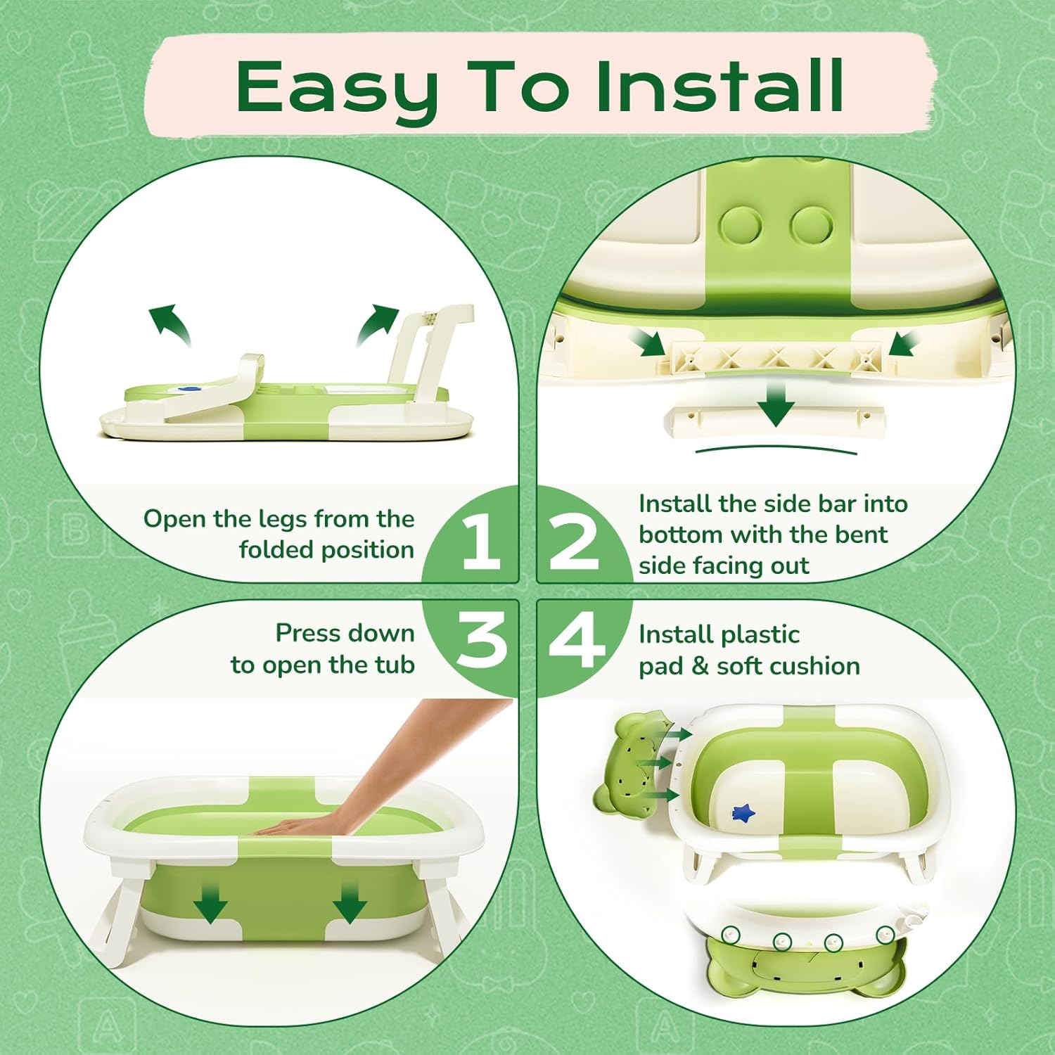Detalle 2 de COOSEYA Faltbare Babybadewanne Grün (Frösch-Design) – für 0–18 Monate, inkl. Stützkissen und Temperaturansage