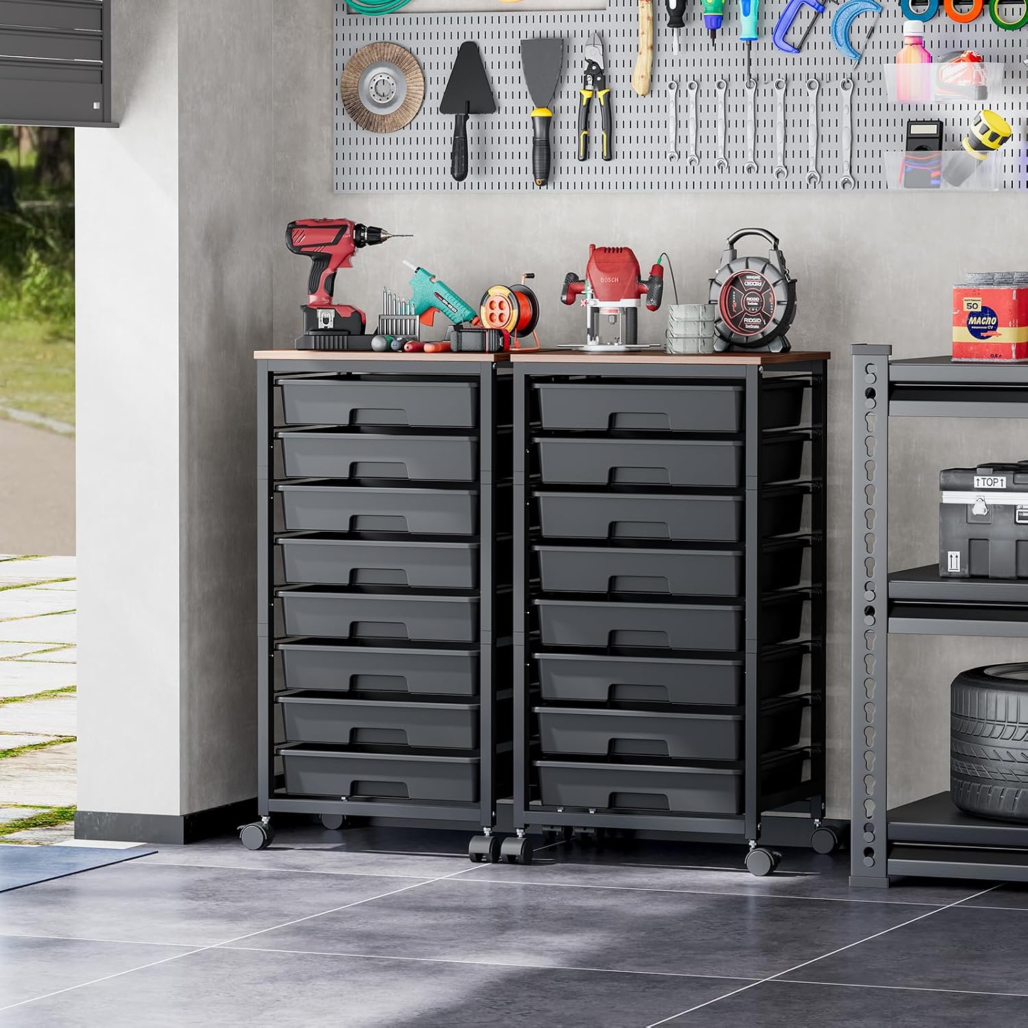 Detalle 2 de SYKIARIOL 1250-BLACK Rolling Storage Cart with 8 Drawers and Wooden Tabletop