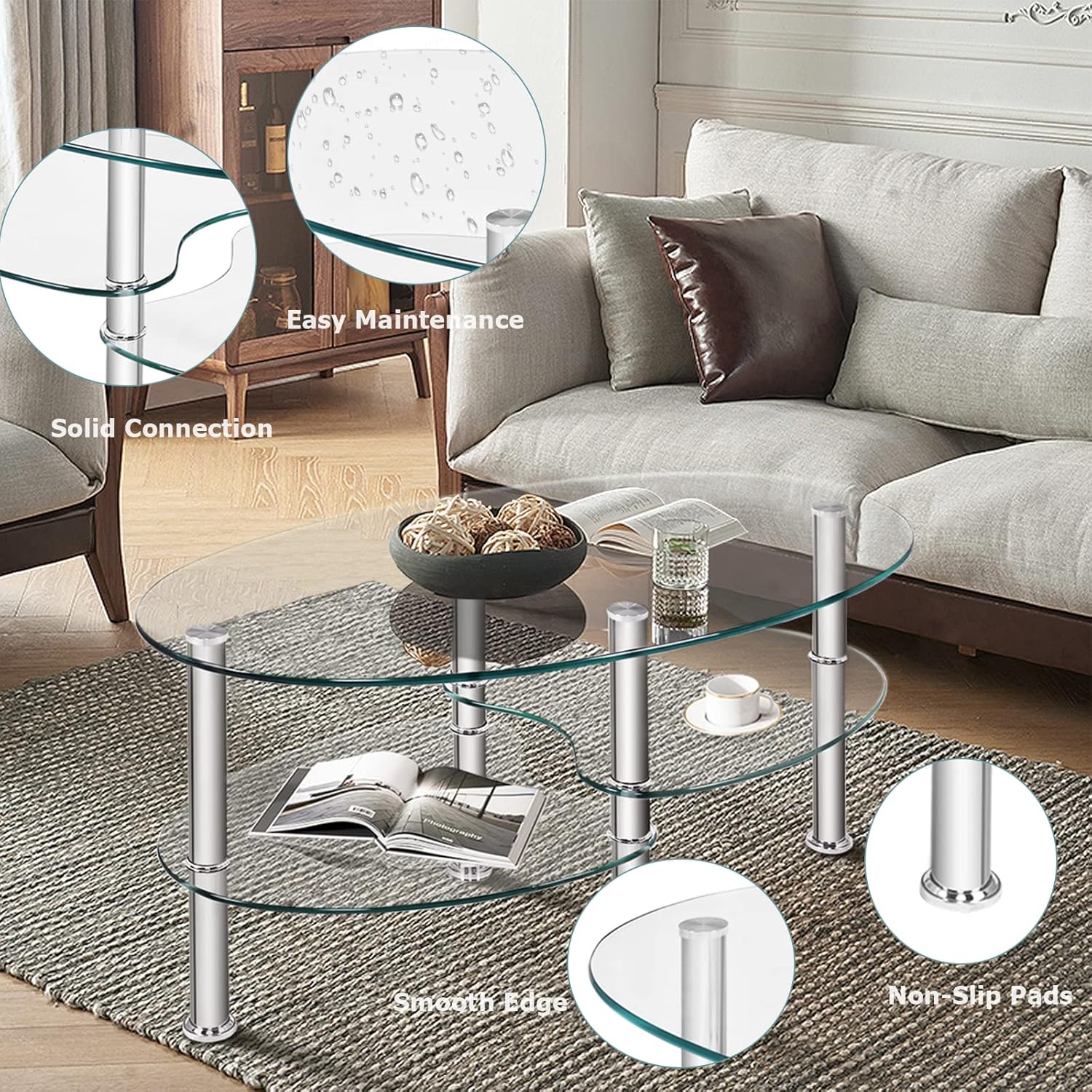 Thumbnail 4 de LIFEZEAL Table Basse Ovale en Verre Trempé – 3 Niveaux, cadre métal robuste, 90 × 50 × 45 cm