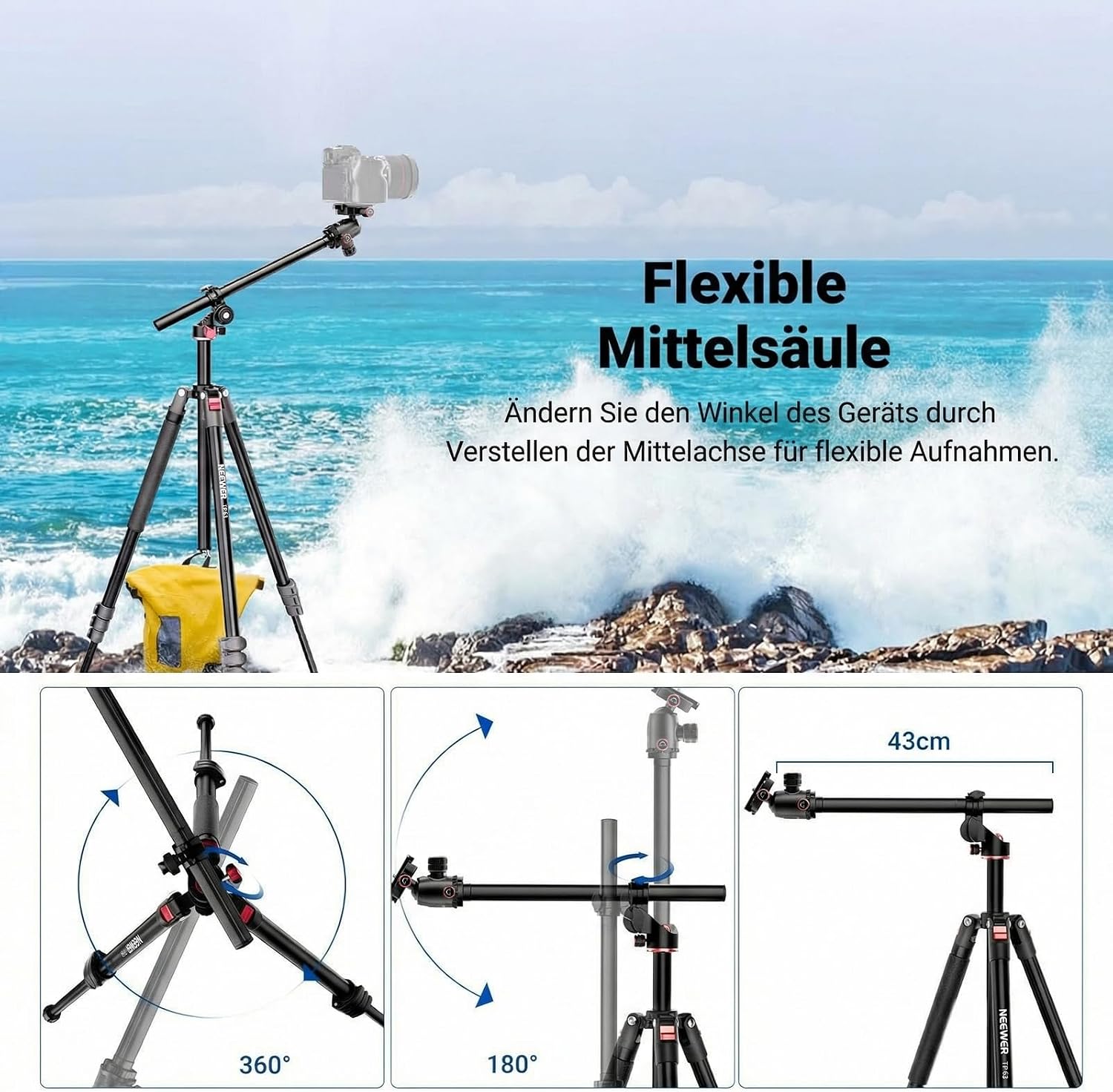 Detalle 2 de NEEWER 90 Zoll horizontales Kamerastativ mit Kugelkopf und umgekehrten Beinen – zuverlässig für DSLR-Video und Fotografie