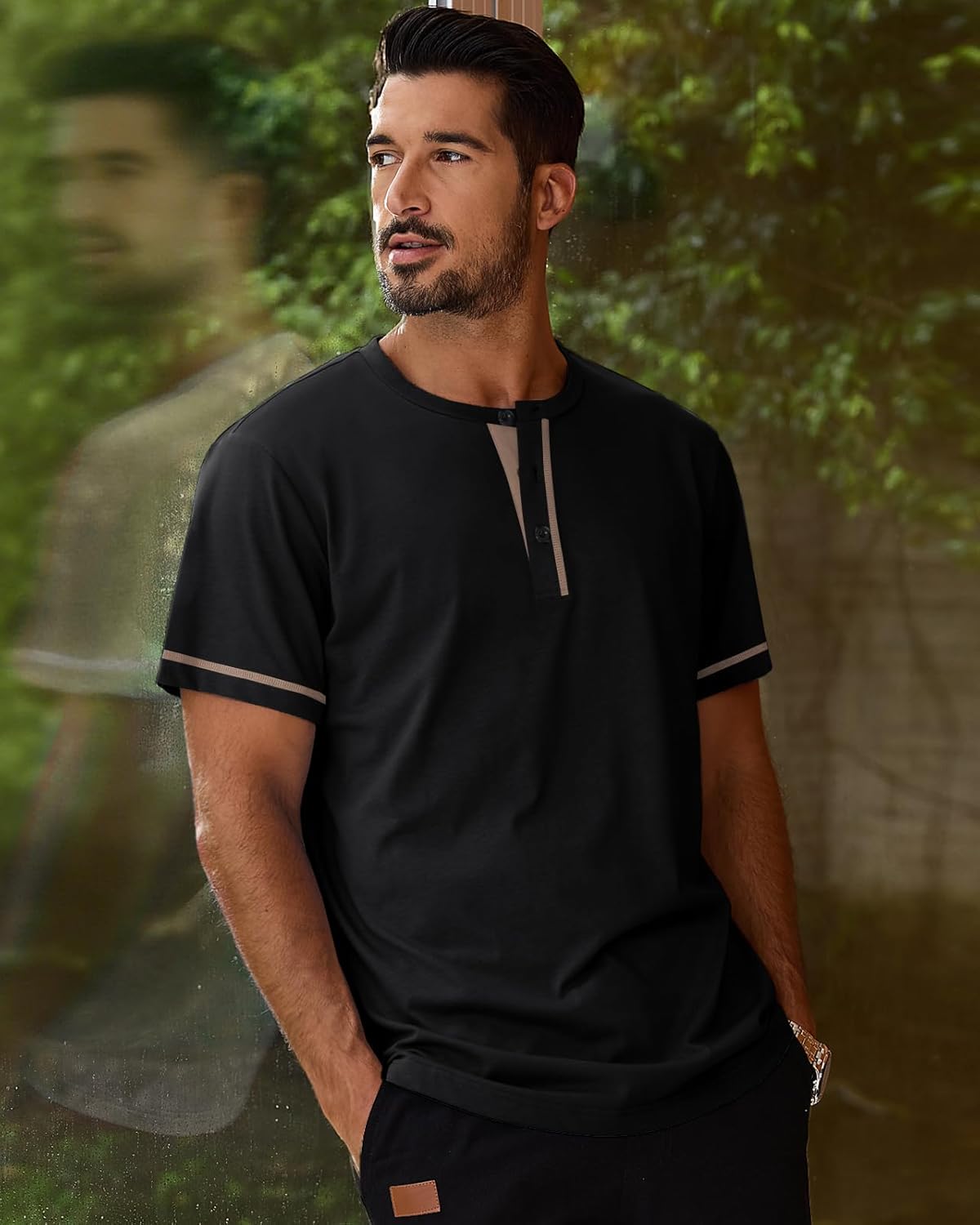 Thumbnail 2 de HMIYA Henley Kurzarm T-Shirts für Herren – Baumwoll-Shirt mit Knopf-Detail & Color-Blocking-Ärmeln