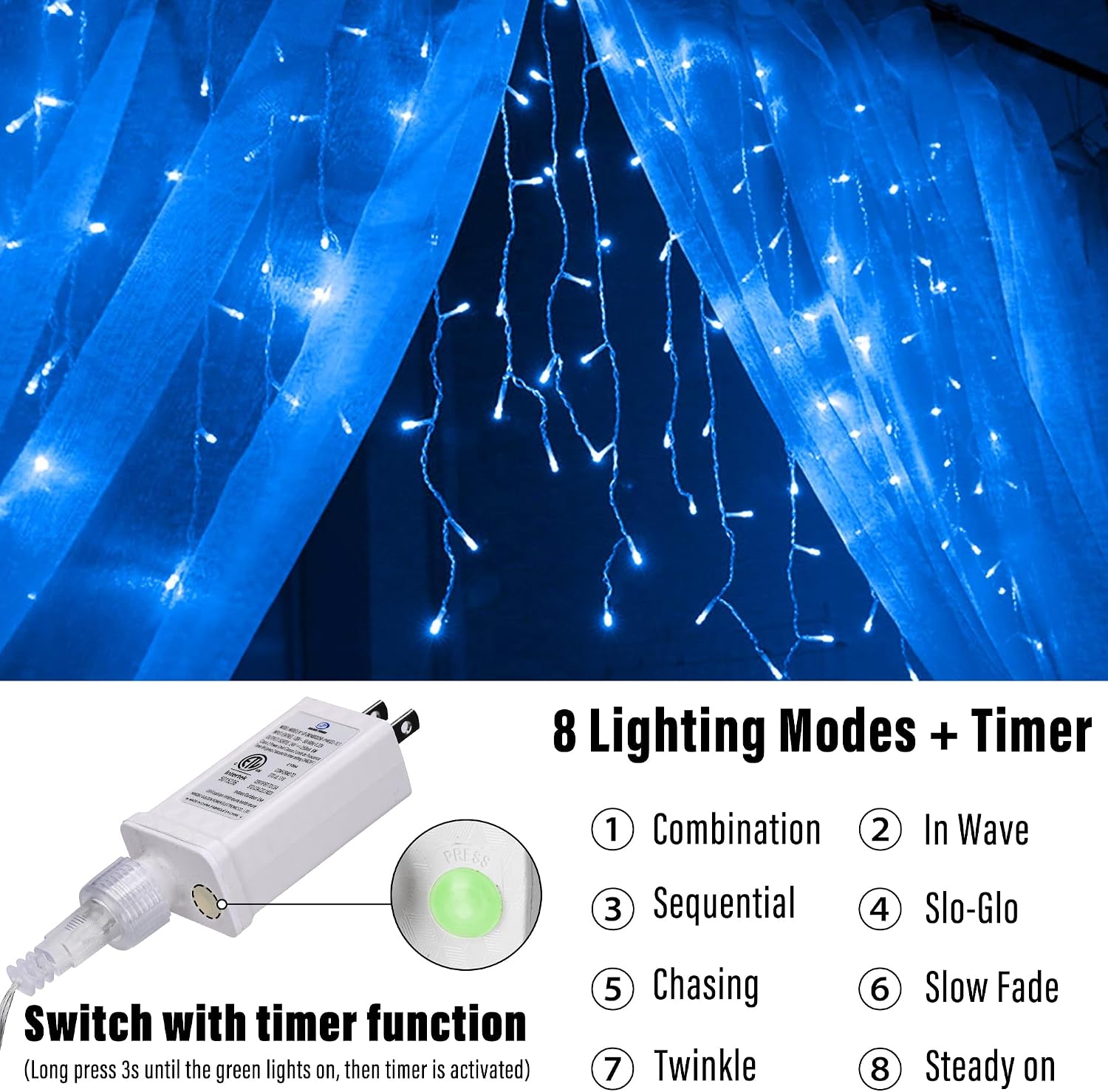 Thumbnail 1 de Joomer SSL0200-I-24V Blue LED Icicle Lights, 50 Drops, 8 Modes