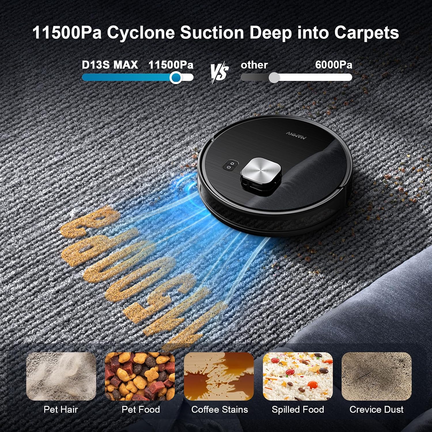 Detalle de MAMNV D13S MAX Robot Vacuum and Mop: 11500 Pa Suction, 3-in-1 Cleaning
