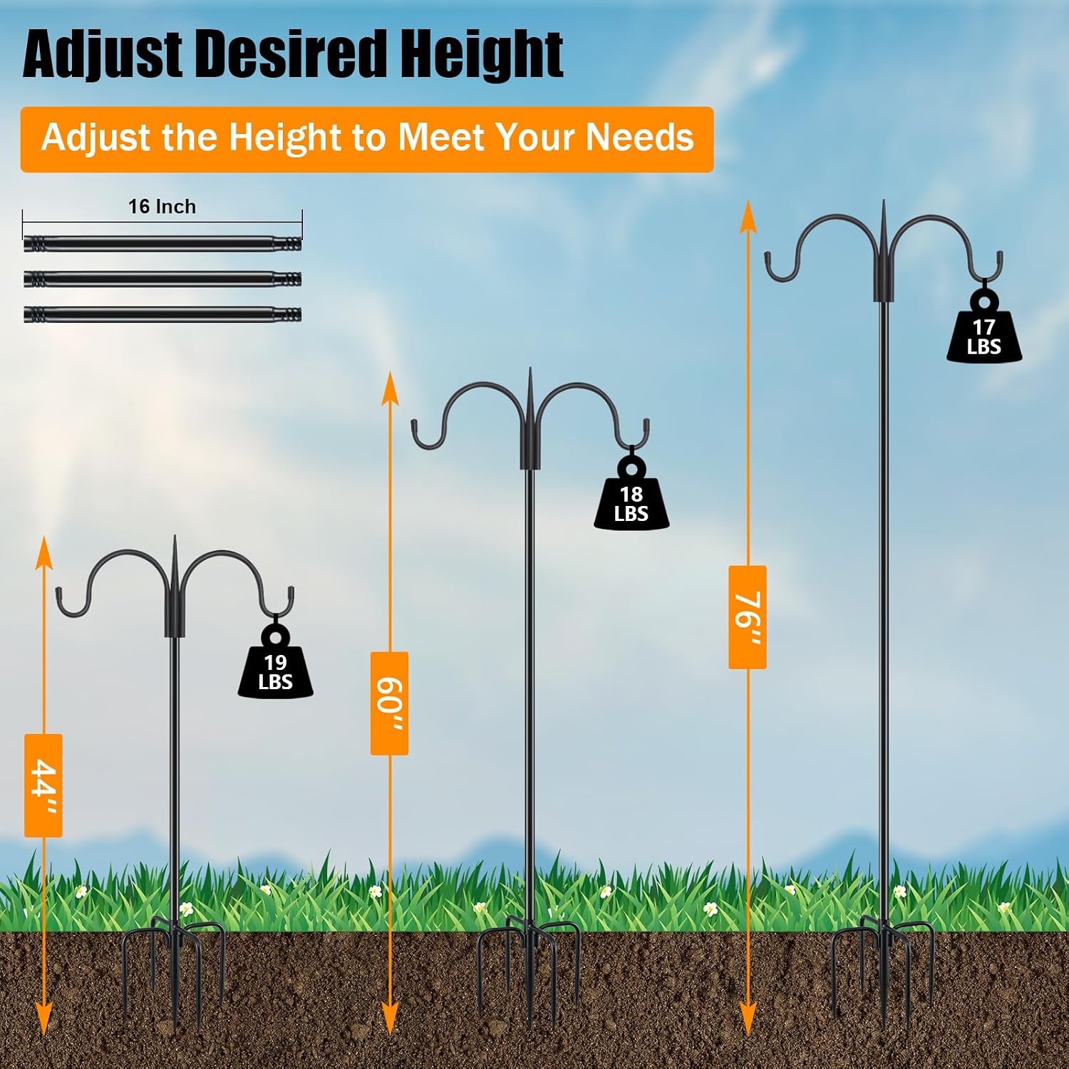 Detalle de FEED GARDEN 76-Inch Double Shepherd’s Hook, Adjustable 5-Prong Base, 2-Pack