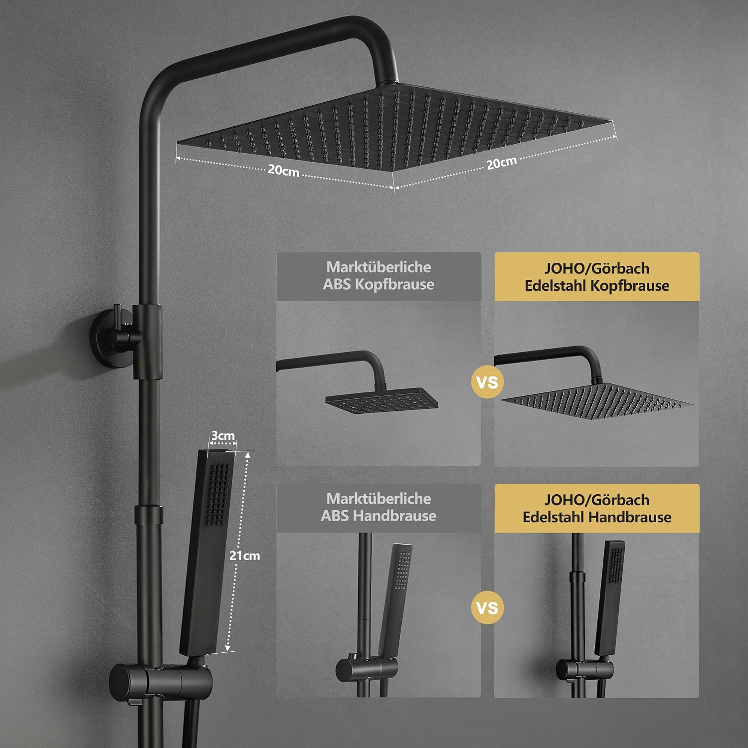 Thumbnail 1 de Colonna doccia Görbach Nero con termostatico in acciaio inox 304 e soffione 20×20 cm