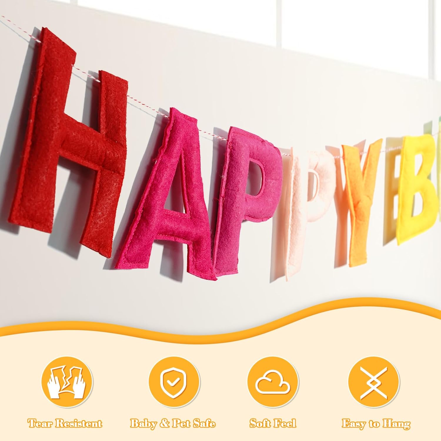 Thumbnail 1 de 4PCS Pre-Strung Happy Birthday Banner Kit – Felt Rainbow Party Decorations