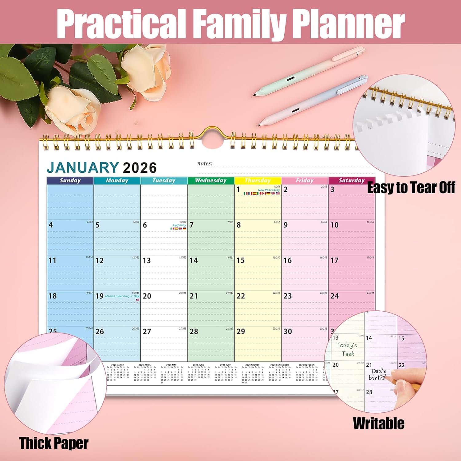 Detalle 2 de 2026 UK Family Wall Calendar (18 Month) — Jan 2026 to Jun 2027, large writing blocks