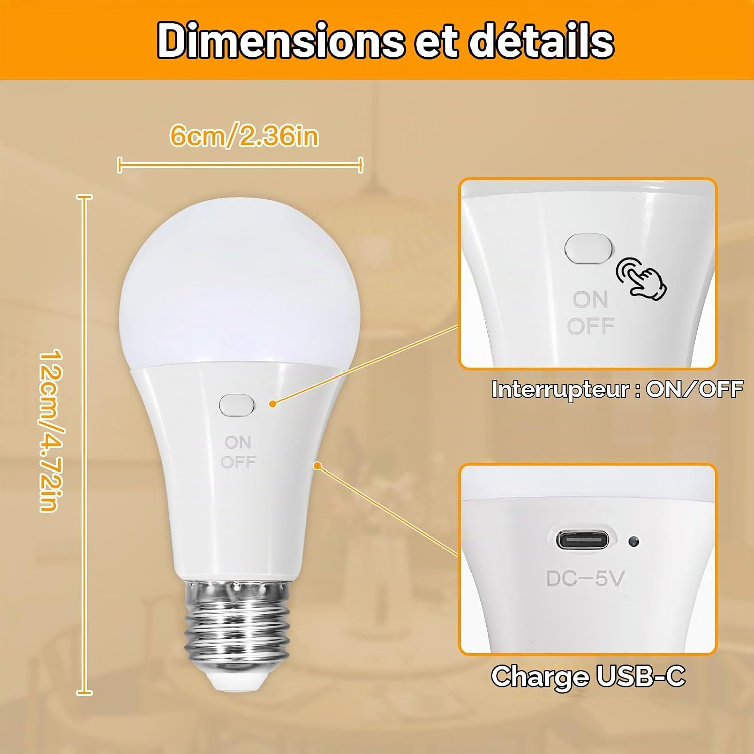 Detalle 1 de Dehobo CD5V-A6001 oplaadbare E27-ledlamp, 7 W, dimbaar met afstandsbediening
