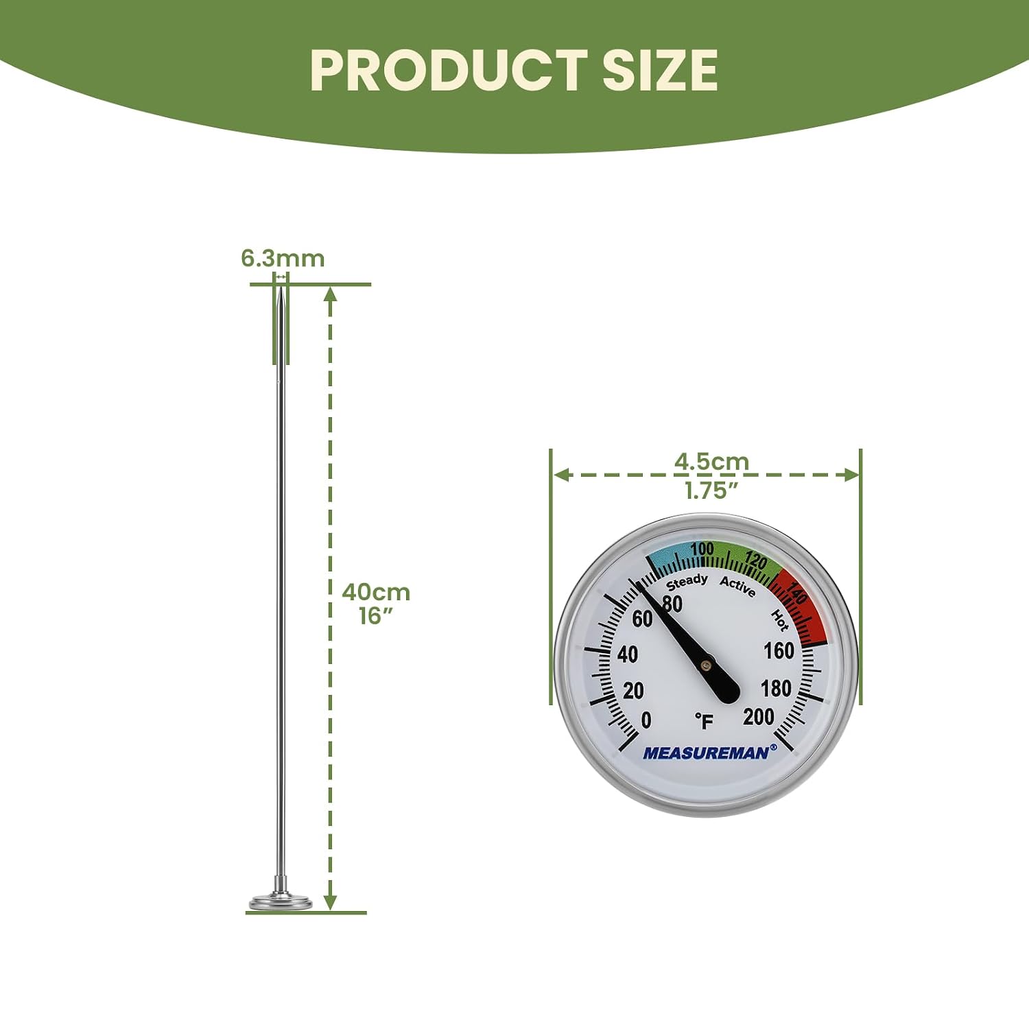 Detalle de MEASUREMAN MC072 Compost Thermometer, 16-Inch Probe, 1.75-Inch Dial, 0–200°F