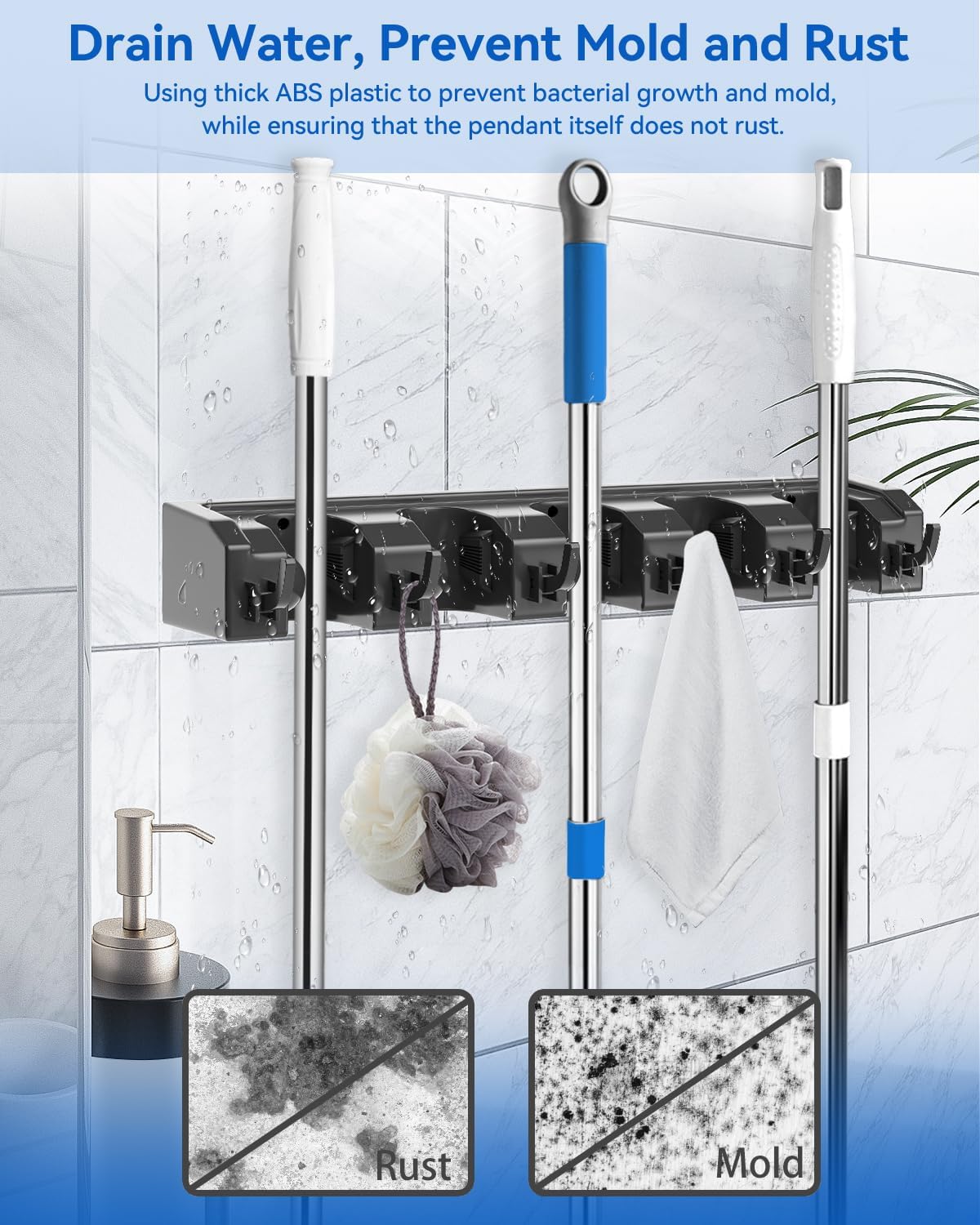 Thumbnail 6 de AceMining Wall Mounted Broom Mop Holder: Heavy-Duty, 5 Holders & 6 Hooks, Black