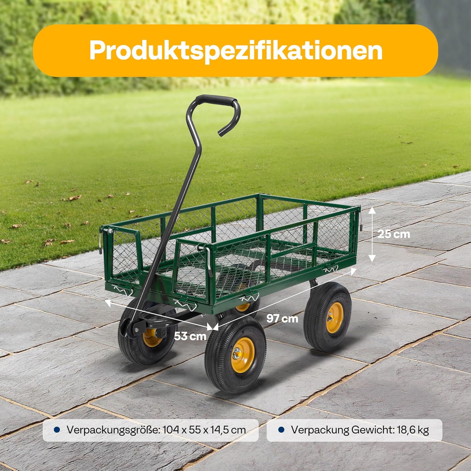 Thumbnail 6 de VIVOHOME Gartenwagen mit abnehmbaren Seiten und Luftreifen, Transportwagen bis 400 kg mit 180° drehbarem Griff