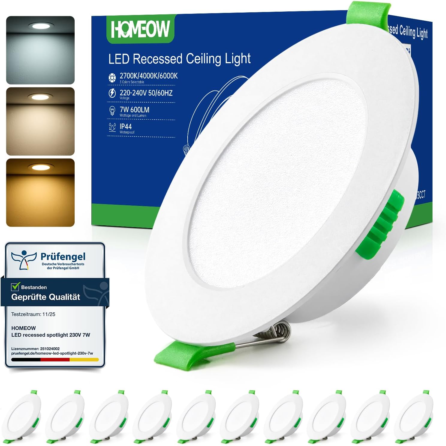 Detalle de HOMEOW LED-Einbaustrahler 230V 7W (10er-Set) IP44 – warmweiß, neutralweiß und kaltweiß, ultraflach