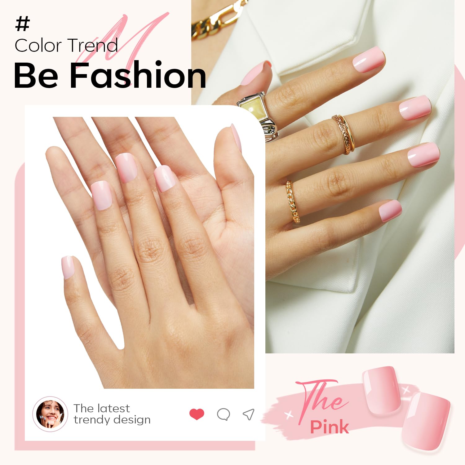 Detalle de Modelones Pink Press on Nails: Summer Short Square Reusable Kit (32Pcs, 16 Sizes)