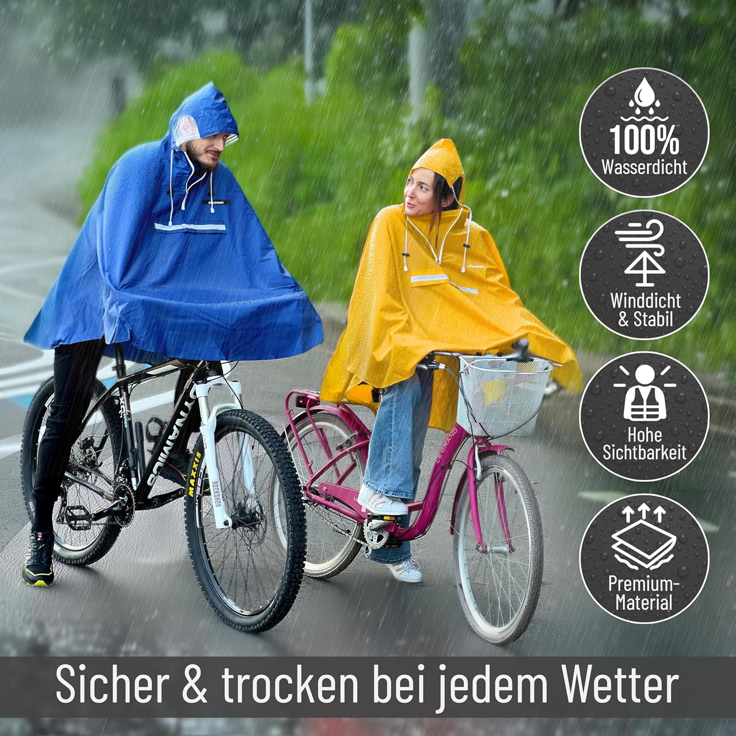 Detalle de CYCLEHERO Regenponcho fürs Fahrrad extra wasserdicht mit Reflektoren und Sichtfenstern – Regencape für Damen und Herren