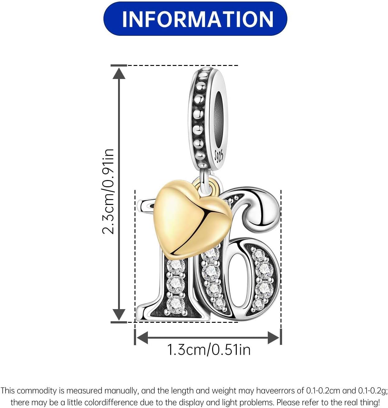 Thumbnail 3 de PANPOKI Zahl Charm für Armband & Halskette – Silber 925 mit Zirkon & 18K Goldherz