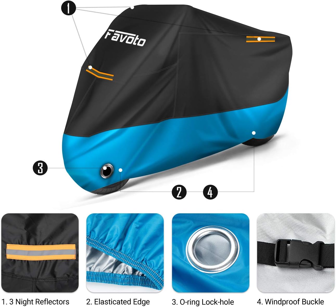 Thumbnail 2 de Favoto Telo Coprimoto 210D 245x105x125 cm – Copertura impermeabile per moto e scooter (Nero Blu)