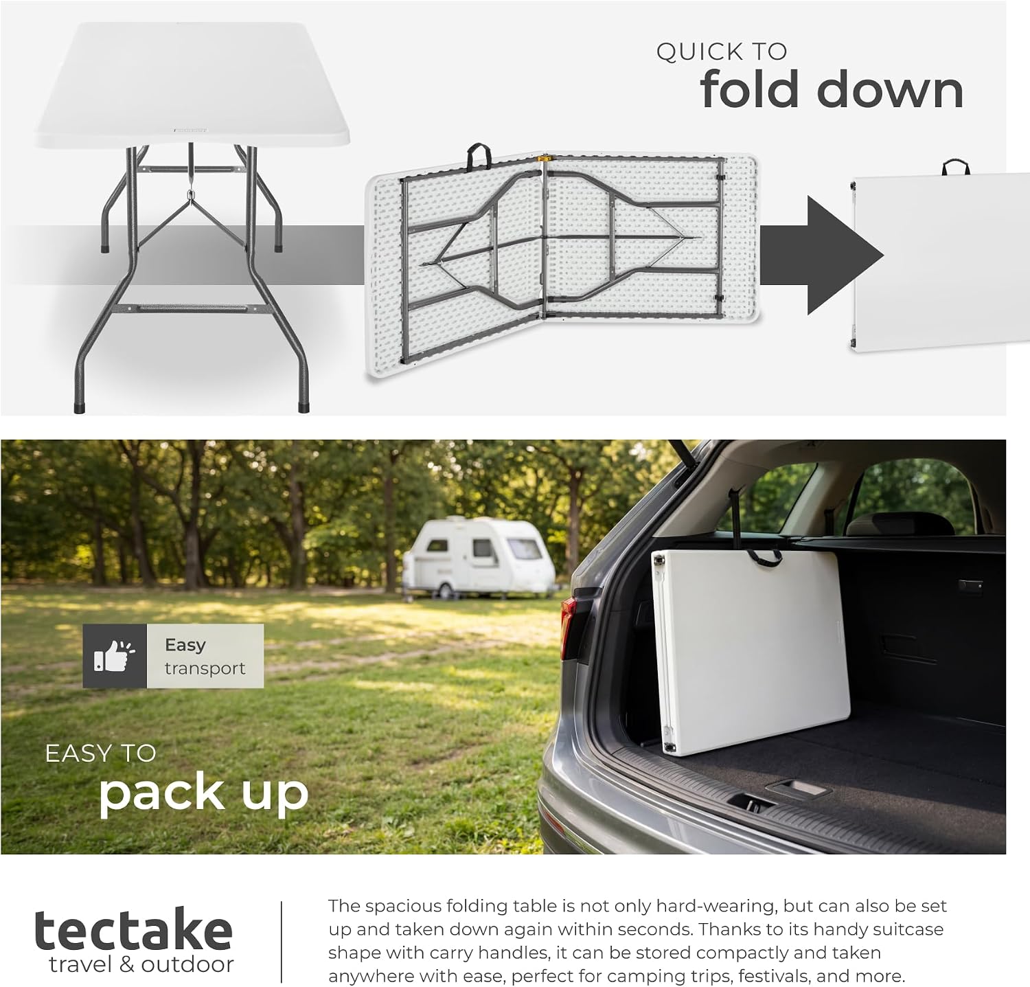 Detalle 2 de tectake Panja II 406622 hopfällbart campingbord, 180 × 70 × 74 cm, vitt