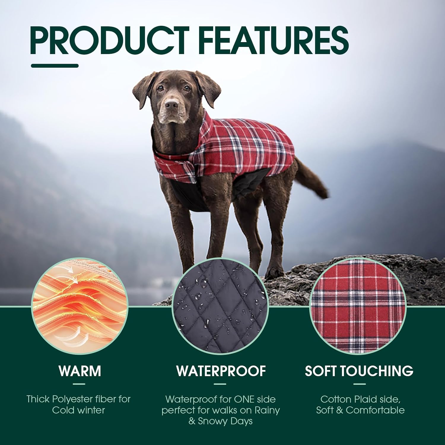 Detalle de Kuoser Kuoser-92972-Red-L Waterproof Reversible Dog Coat with Fleece Lining
