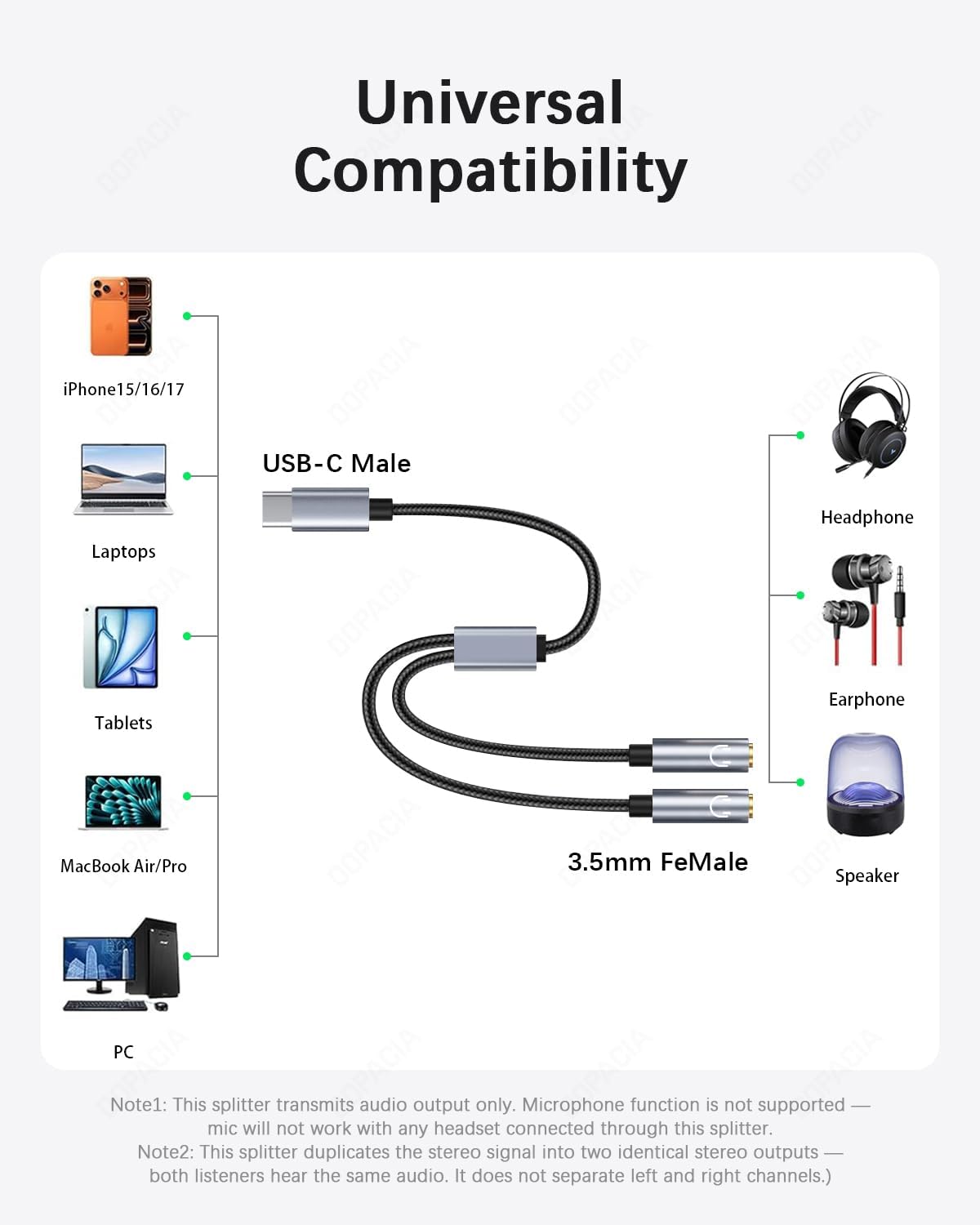 Detalle 1 de DOPACIA USB-C headphone splitter, 33 cm