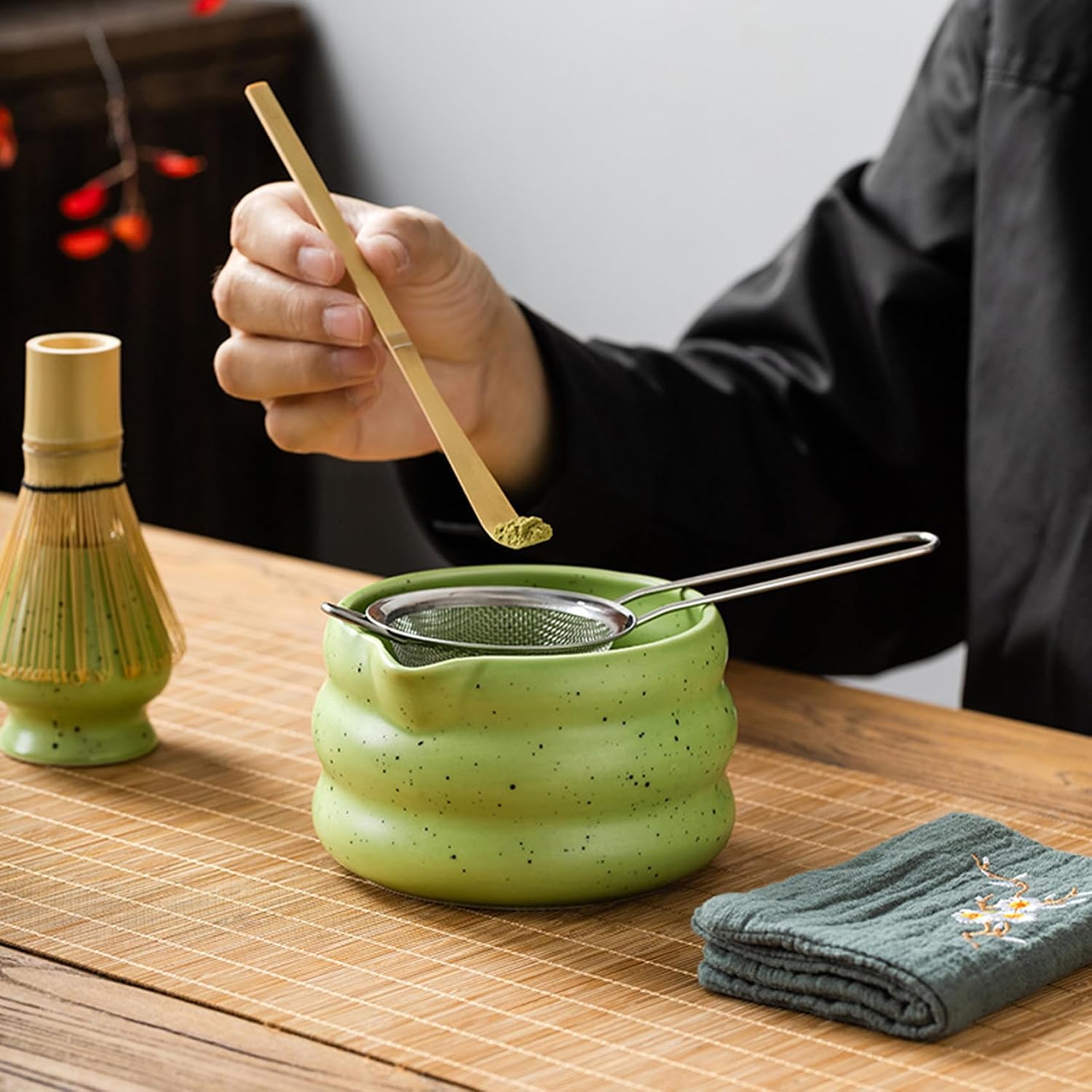 Detalle de Matcha Tee Set mit Besen, Schale und Halter – Zeremonie-Set 5-teilig (Grün)