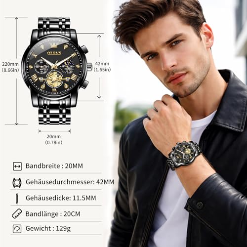 Detalle de OLEVS Armbanduhr Herren – Klassisch Schwarz Edelstahl 42 mm, Multifunktionsuhr, 3 Bar Wasserdicht