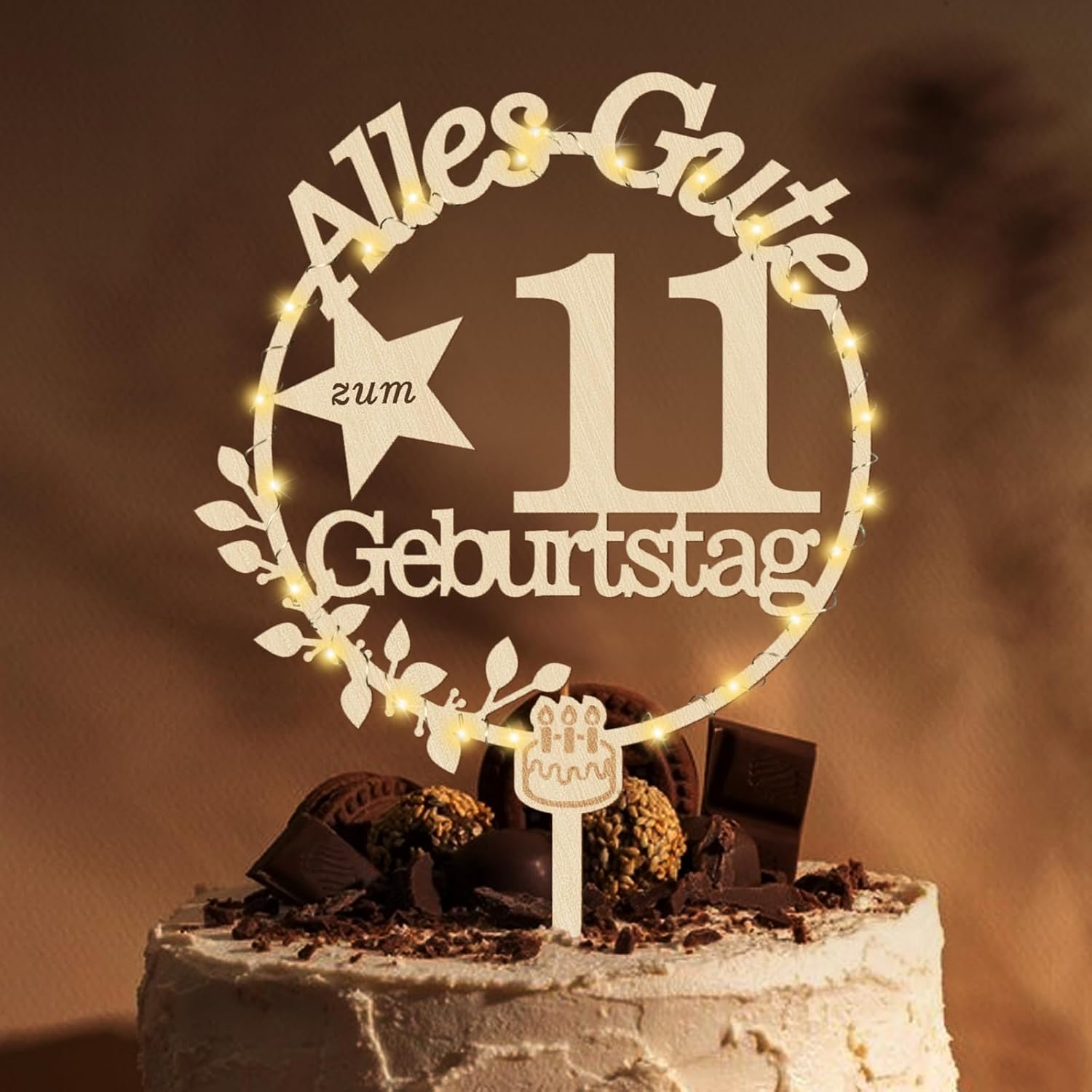 Giftota Cake Topper 11. Geburtstag Holz mit LED-Lichterkette – dekorativer Tortenspitzen-Aufleger