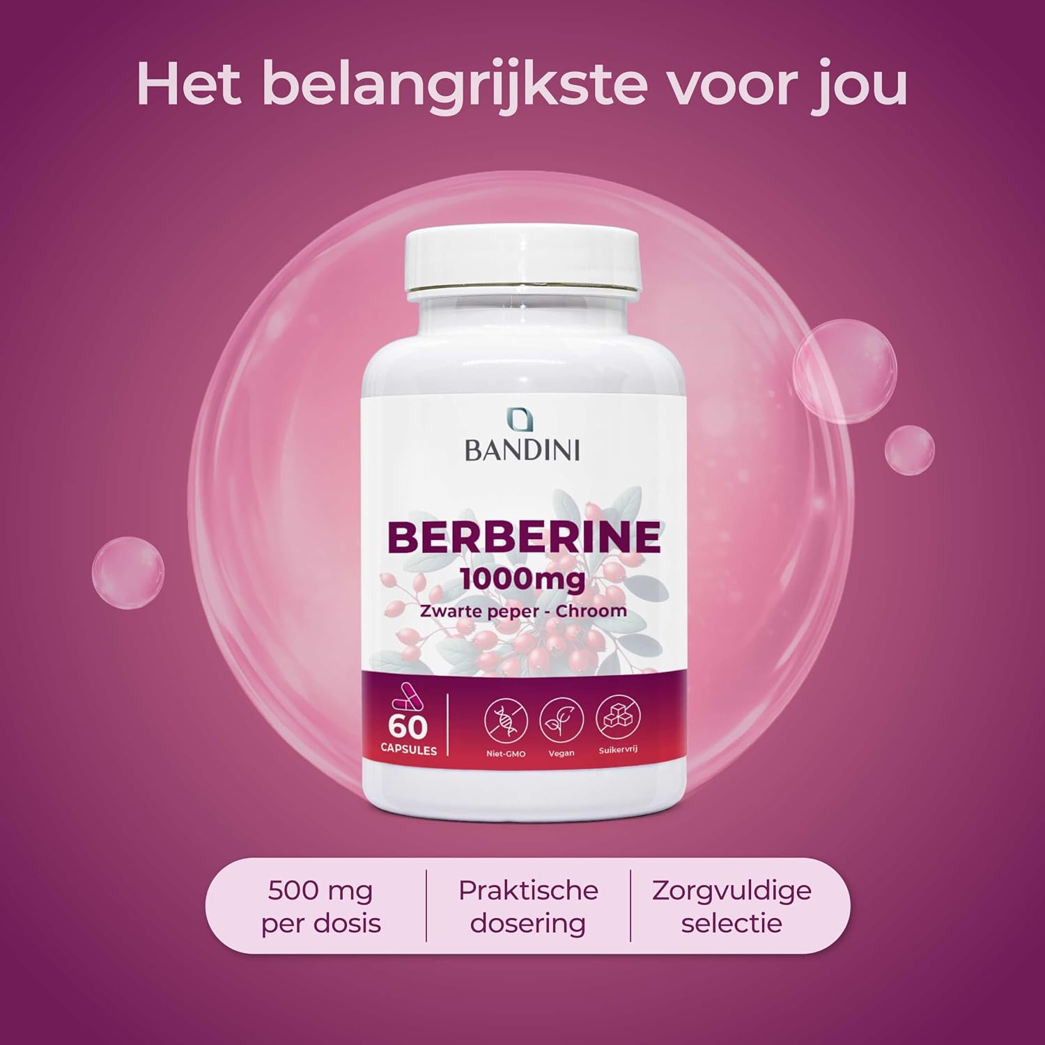 Detalle 2 de BANDINI Berberine 1000 mg, 60 vegan capsules met chroom en zwarte peper