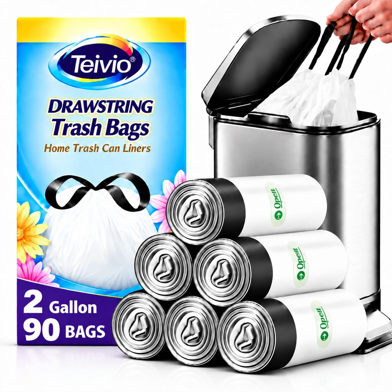 Detalle de Teivio 2-Gallon Drawstring Trash Bags, 90 Count, White HDPE Liners