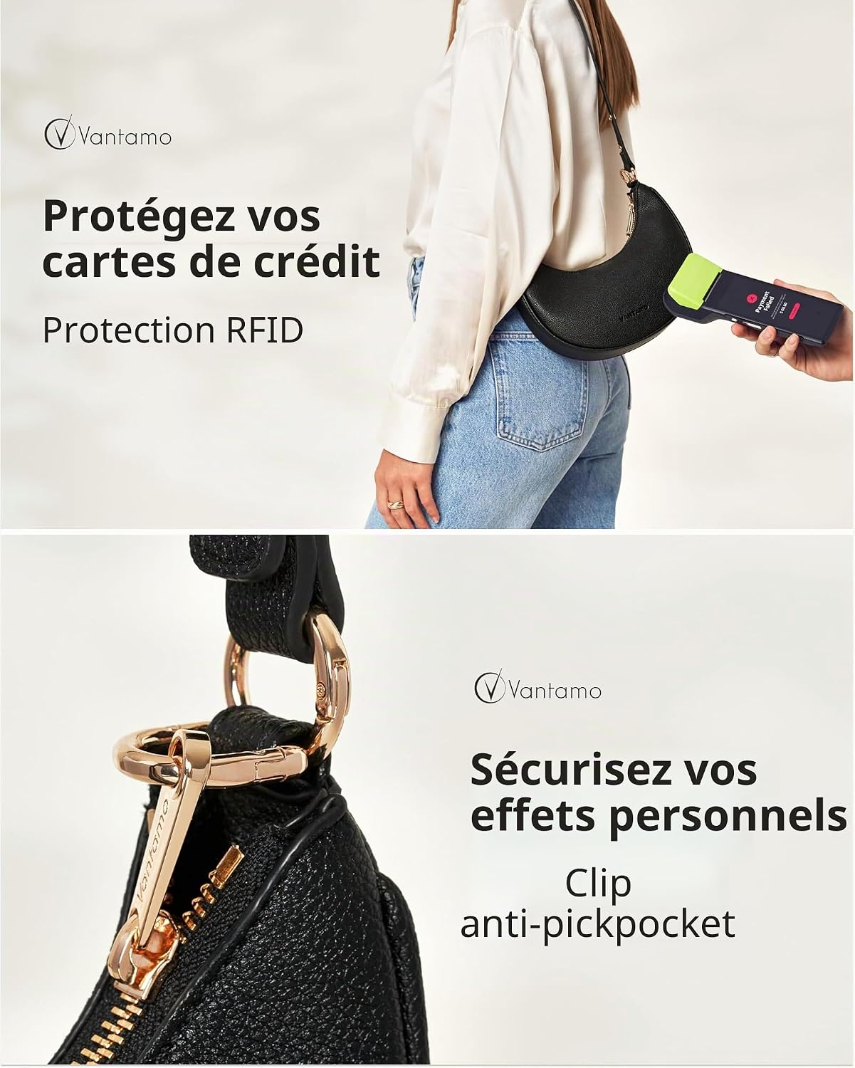 Detalle de Vantamo Sac demi-lune pour femme en similicuir avec protection RFID et bandoulière réglable