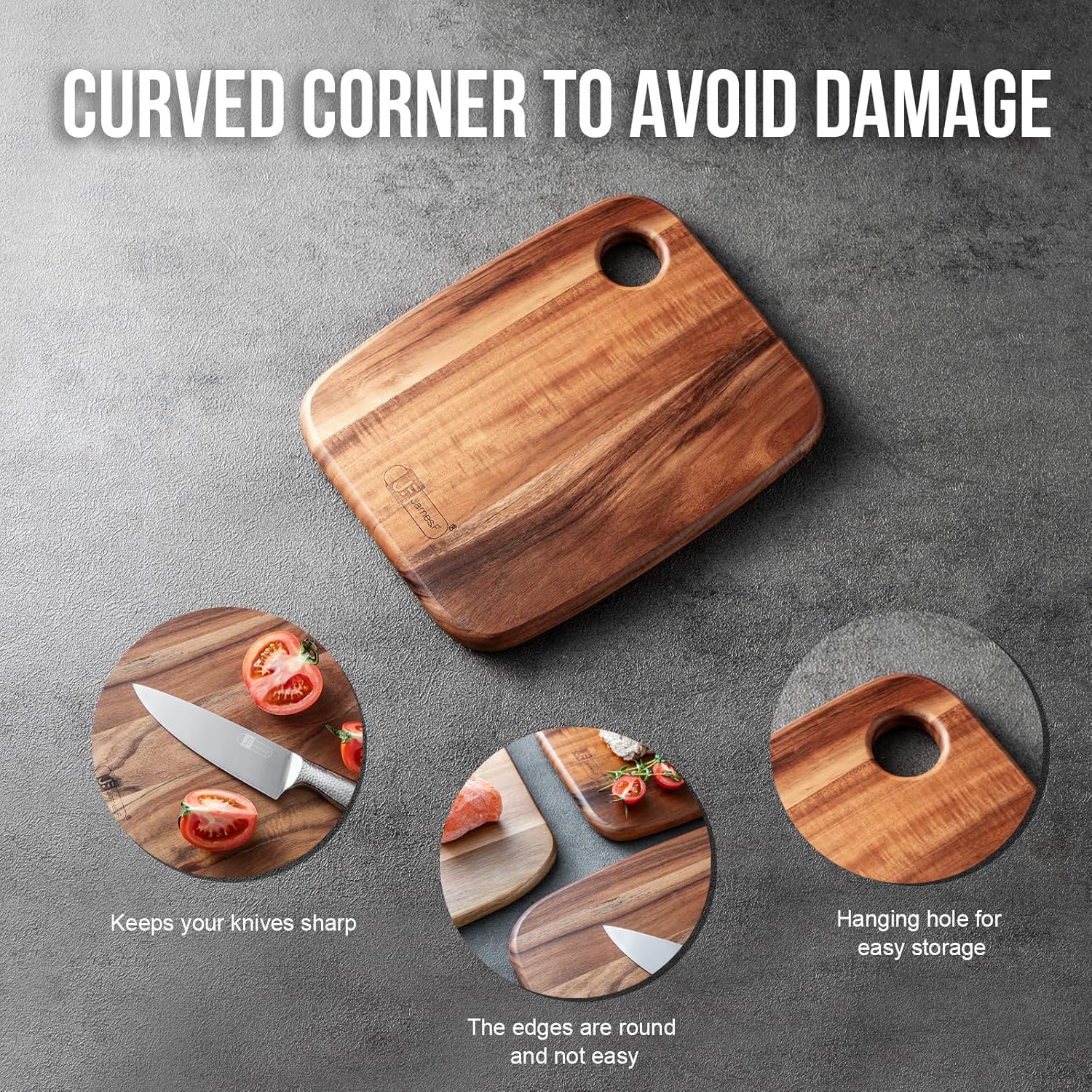 Detalle de Acacia Wood chopping boards (James.F) – solid acacia wooden cutting & serving board with hanging hole