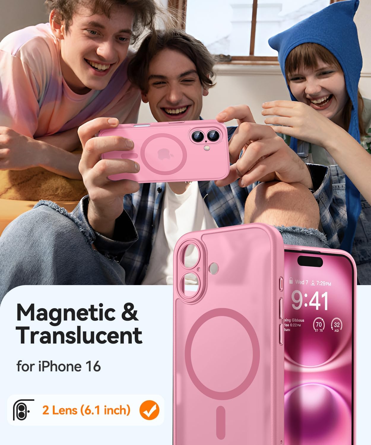 Thumbnail 1 de Coque magnétique CANSHN pour iPhone 16 (6,1 pouces) compatible MagSafe – rosé, protection caméra