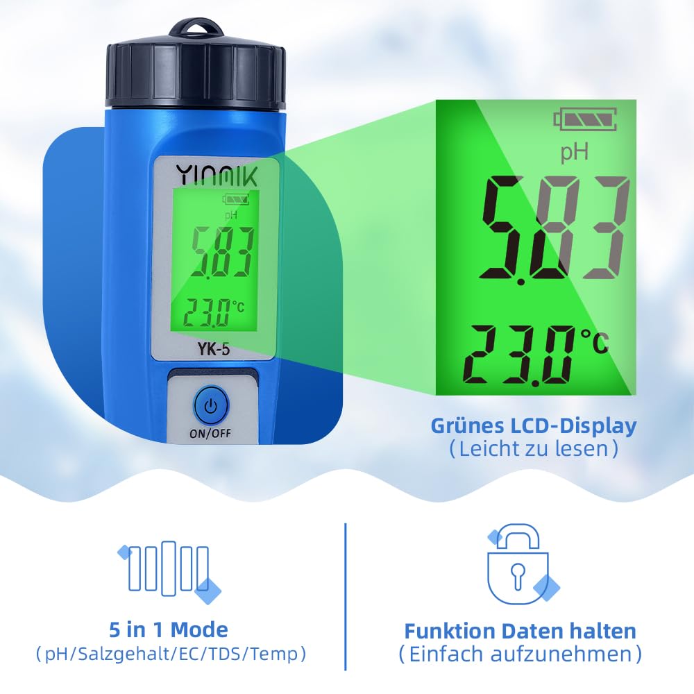 Detalle de Salzwasser Pool Messgerät 5 in 1 – pH, TDS, EC, Salzgehalt und Temperatur mit LCD-Display