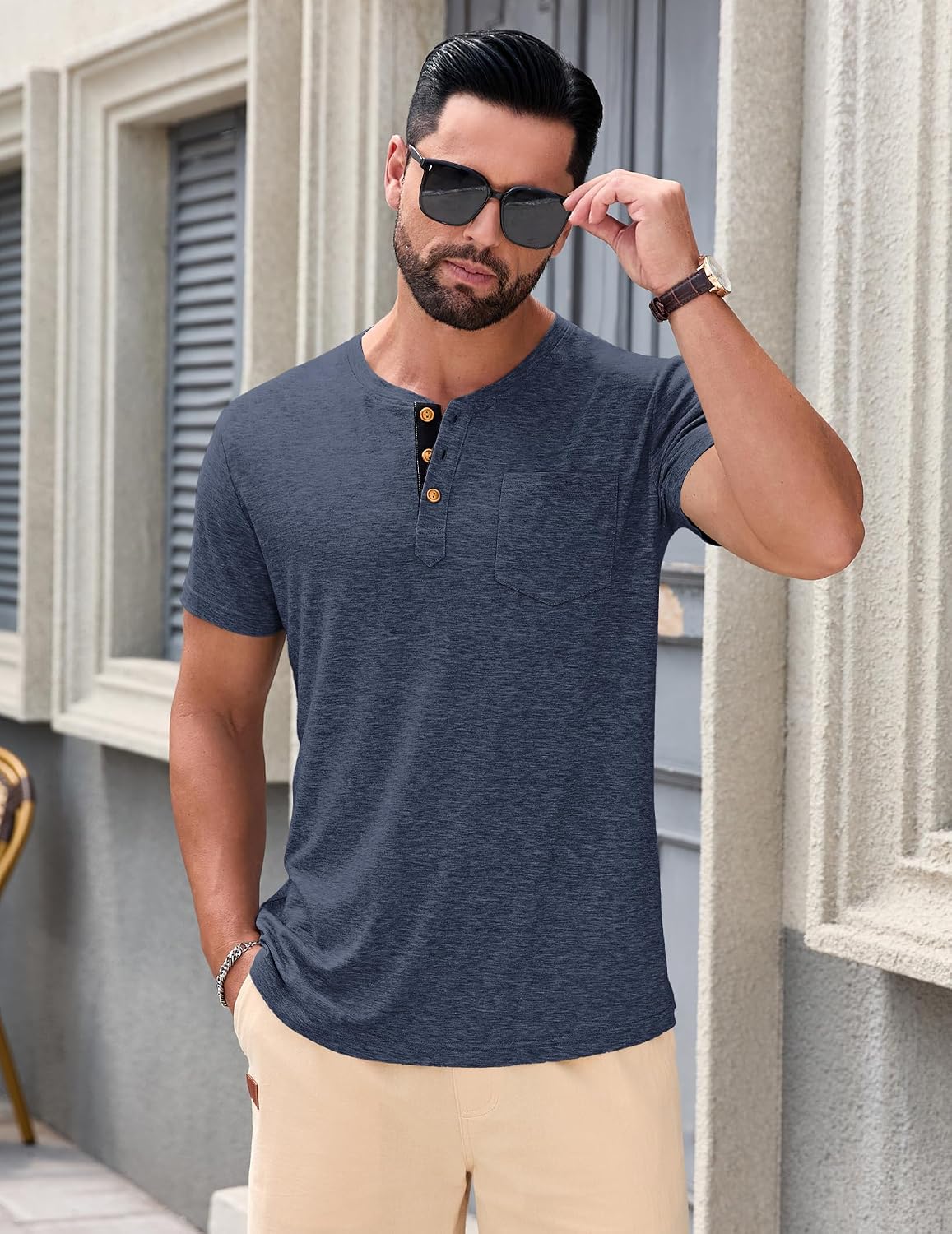 Detalle de TARAINYA Henley T-Shirt Uomo in Cotone con Tasche – 95% Cotone 5% Elastano, Maniche Corte, Collo Henley, Taglie M–4XL