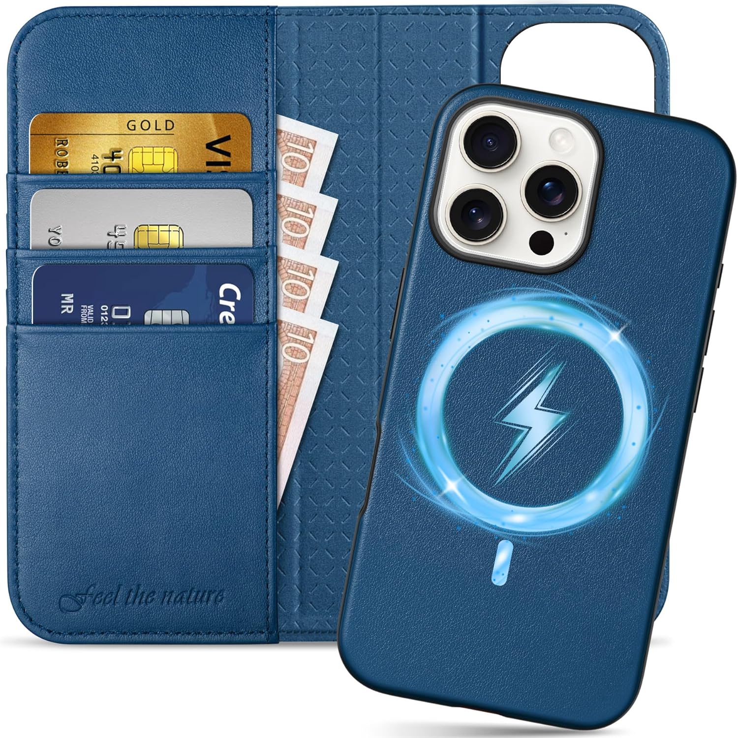 Detalle de SHIELDON Hülle für iPhone 16 Pro Max – Echtleder 2-in-1 Wallet Case, Königsblau